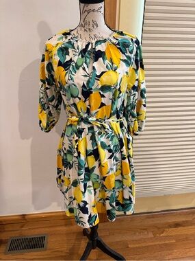 H&M White Midi Dress with Yellow Lemon & Green Leaf Print